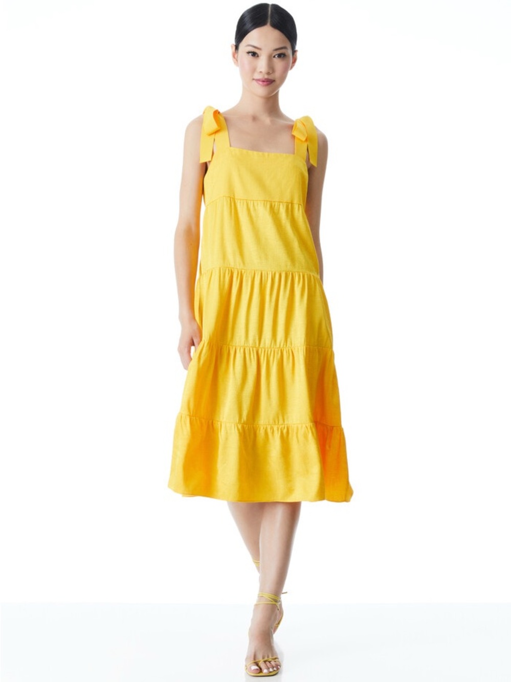 ALICE + OLIVIA CYNTHIA BOW-STRAP TIERED MIDI DRESS
